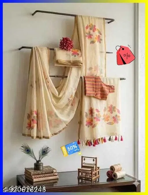 Cotton Linen Saree for Women (Beige, Free Size)
