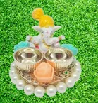 Metal Decorative Ganpati Haldi Kumkum Stand with 2 Roli Chawal Holder, Multicolor