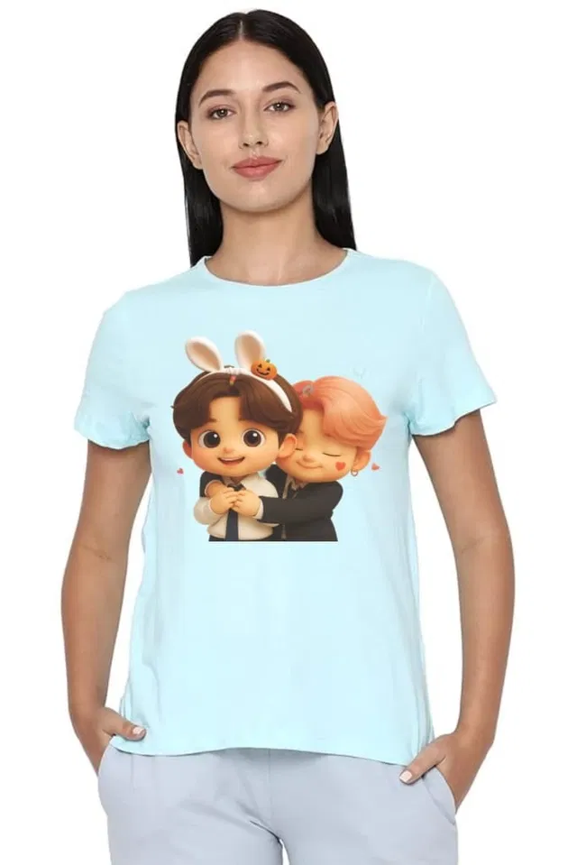 Cotton Blend Printed T-shirt for Women, Aqua Blue (S)