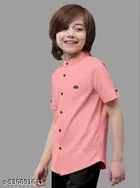 Solid Cotton Blend Mandarin Collar Short Sleeve Shirt for Boys 