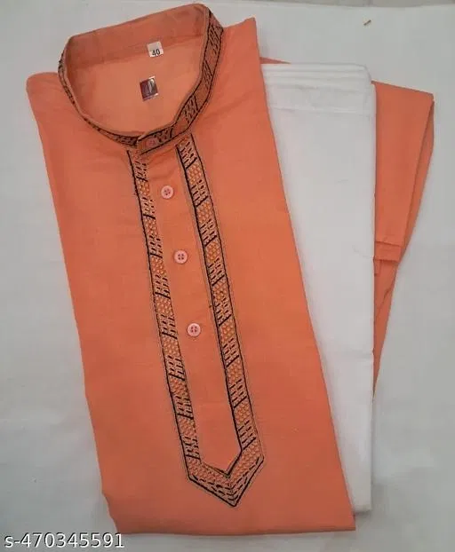 Cotton Solid Kurta Set for Men, Orange (XXL)