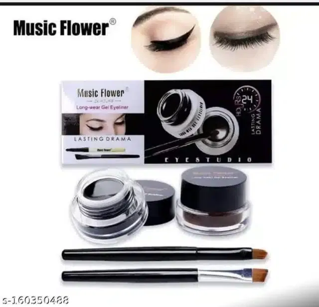 Gel Eyeliner (2 Pcs) with 2 Pcs Brushes (Black & Maroon, Set of 2)