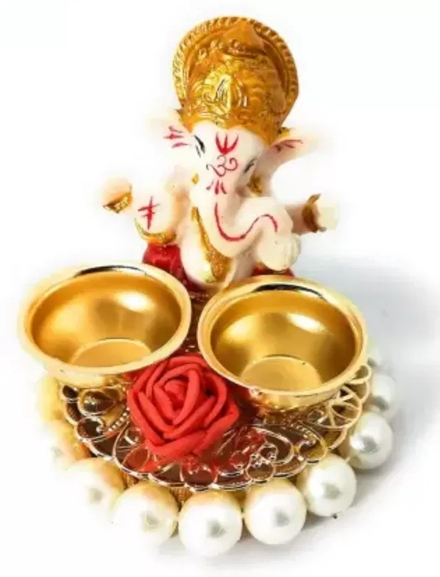 Metal Decorative Ganpati Haldi Kumkum Stand with 2 Roli Chawal Holder, Multicolor