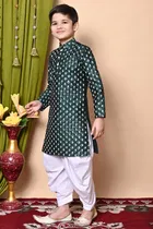 Dupion Silk Printed Kurta with Dhoti for Boys, Bottle Green & White 