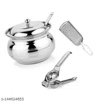 Stainless Steel Ghee Pot with Grater & Lemon Squeezer (Assorted, Set of 3)