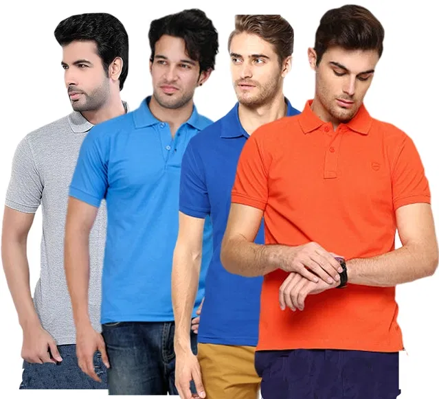 Polo Solid Cotton Blend T-shirts for Men, Pack of 4 (Multicolor, L)