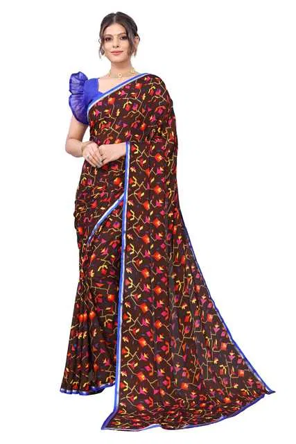 Women Georgette Printed Saree With Unstitched Blouse (Brown) (SD-10)