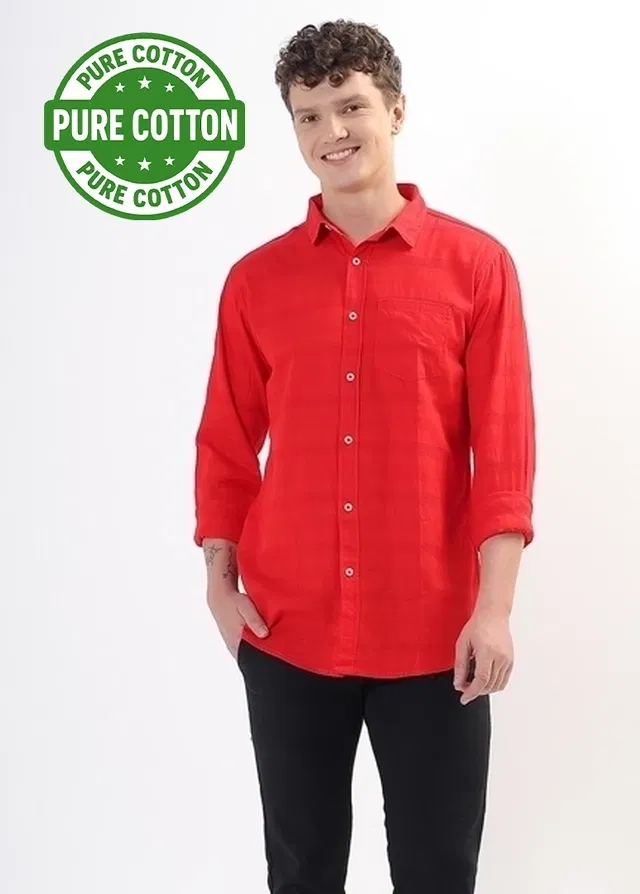 100% Cotton Full Sleeves Solid Shirt for Men (Red, XL)