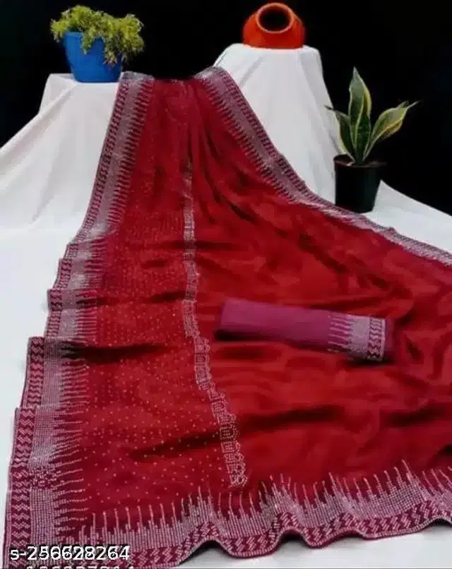 Georgette Embellished Saree for Women (Red, 6.3 m)