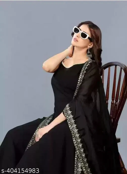 Embroidery Kurta Plazzo Set With Dupatta for Women (Black, S)