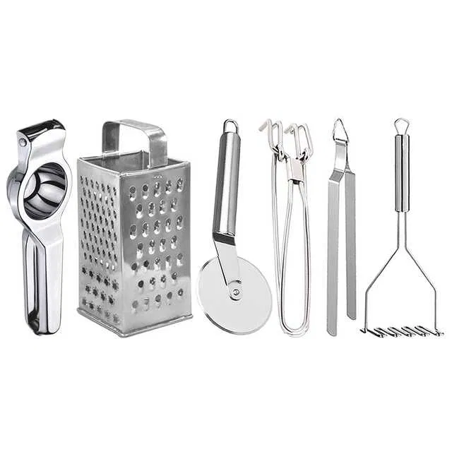 Oc9 Stainless Steel Lemon Squeezer & 4 in 1 Grater Or Slicer & Pizza Cutter & Utility Pakkad & Roti Chimta & Potato Masher Kitchen Tool Set (O-165)