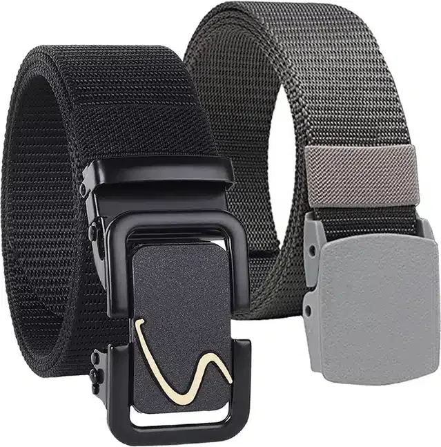 Casual Nylon Belt for Men (Black & Grey, Pack of 2)