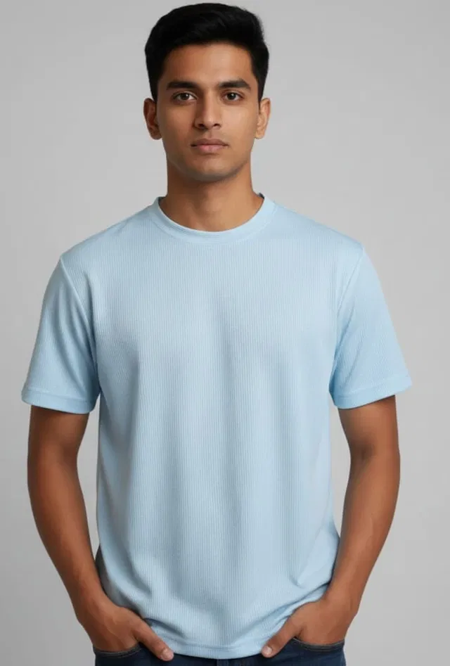 Round Neck Solid T-Shirt For Men, Aqua Blue (M)