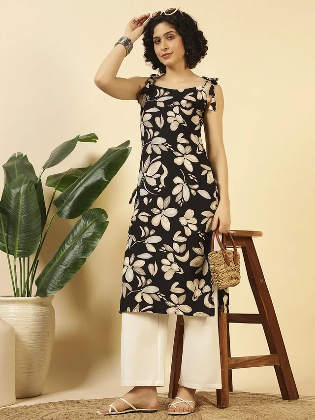 Tie Up Poly Crepe Kurti for Women (Black, M)