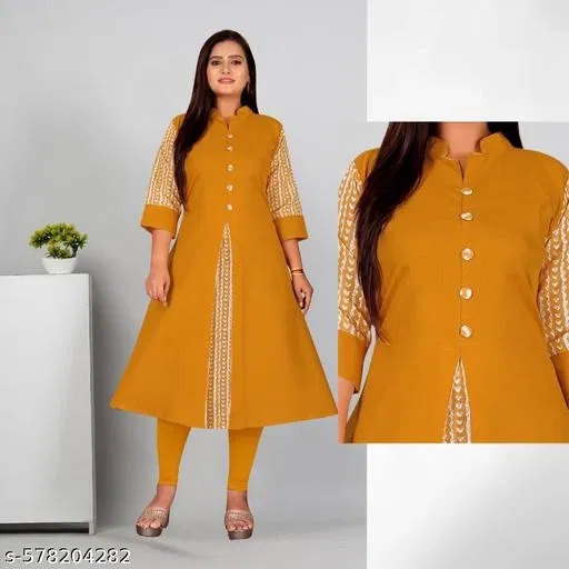 Solid Embroidered Panelled Kurti for Women (Yellow, S)
