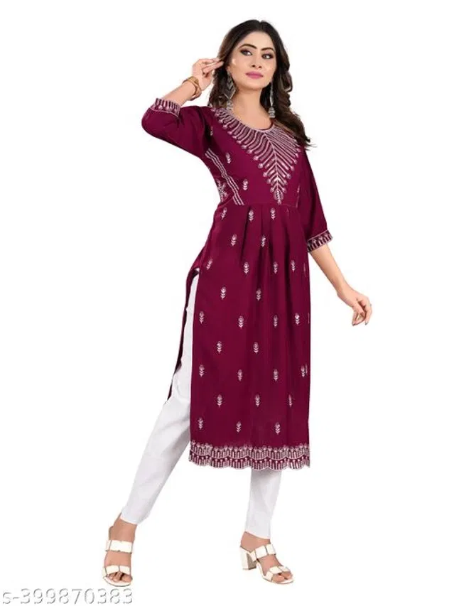 Rayon Slub Embroidered Kurta with Pant for Women (Purple, XXL)