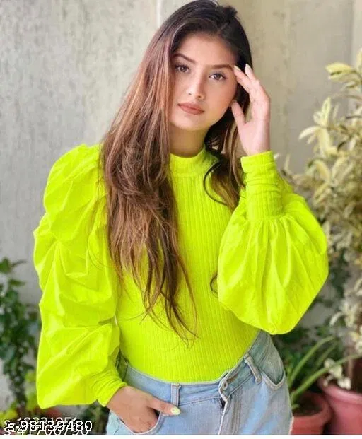 Casual Wear Top & Bottom Sets for Women (Neon Green, L)