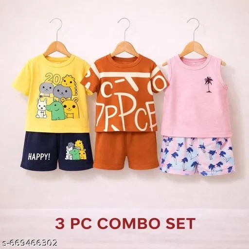 Hosiery Cotton Printed Clothing Set for Kids, Multicolor, Pack of 3 (0-6 Months)