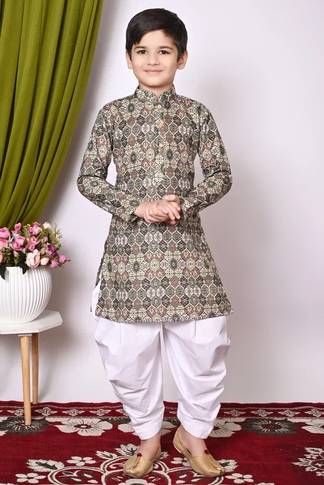 Cotton Blend Printed Kurta with Dhoti for Boys, Multicolor (2-3 Years)