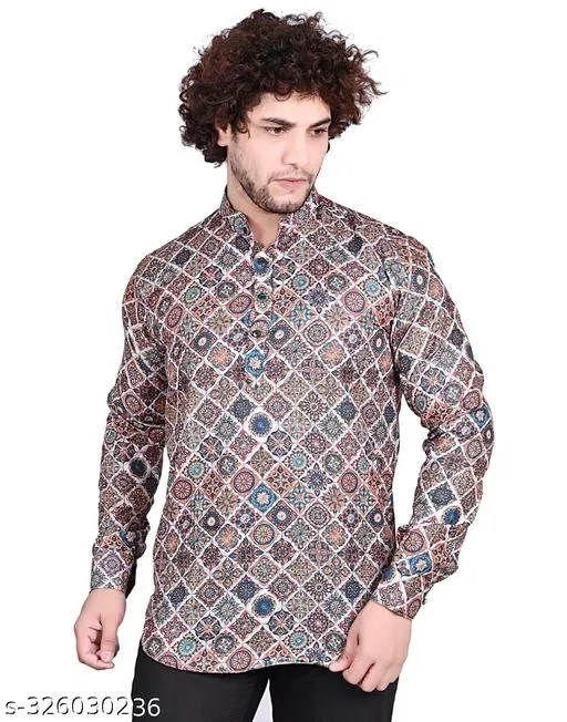 Cotton Blend Printed Short Kurta for Men, Multicolor (XL)