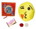Synthetic Rakhi with Smiley Pillow & Roli Greeting card 