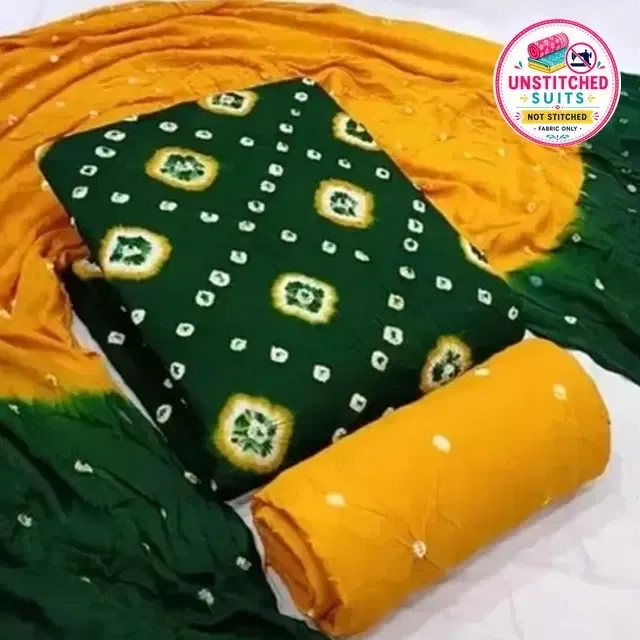 Rayon Bandhani Unstitched Suits Fabric for Women (Yellow & Green)