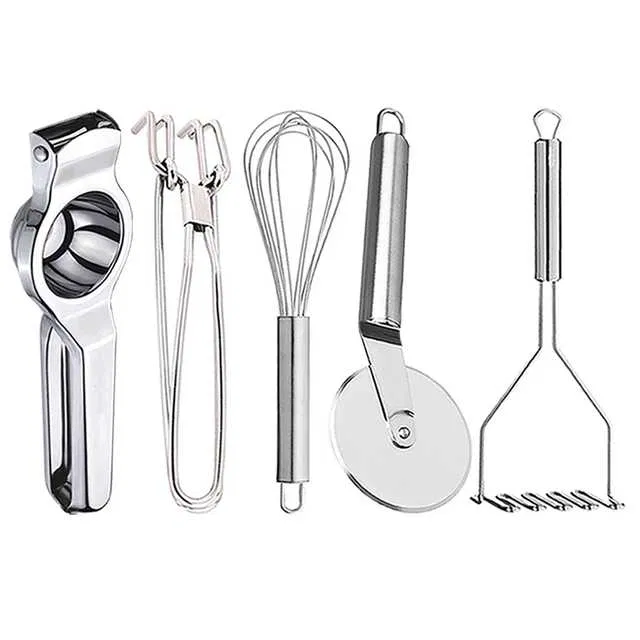 Stainless Steel Lemon Squeezer & Pakkad & Egg Whisk & Pizza Cutter & Potato Masher For Kitchen (Set of 5) (OC-079)