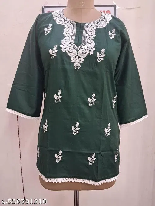 Floral Embroidered Rayon Kurti for Women (Green, L)