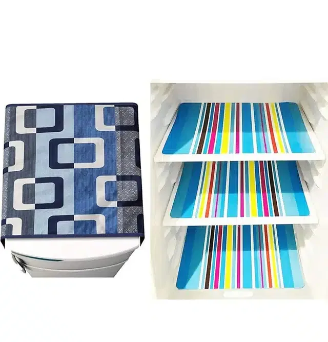 Knit Printed Fridge 3 Pcs Mat with Top Cover (Blue, Set of 1)