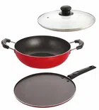 Aluminium Nonstick Kadhai with Tawa & Glass Lid Set (Red, Set of 3)