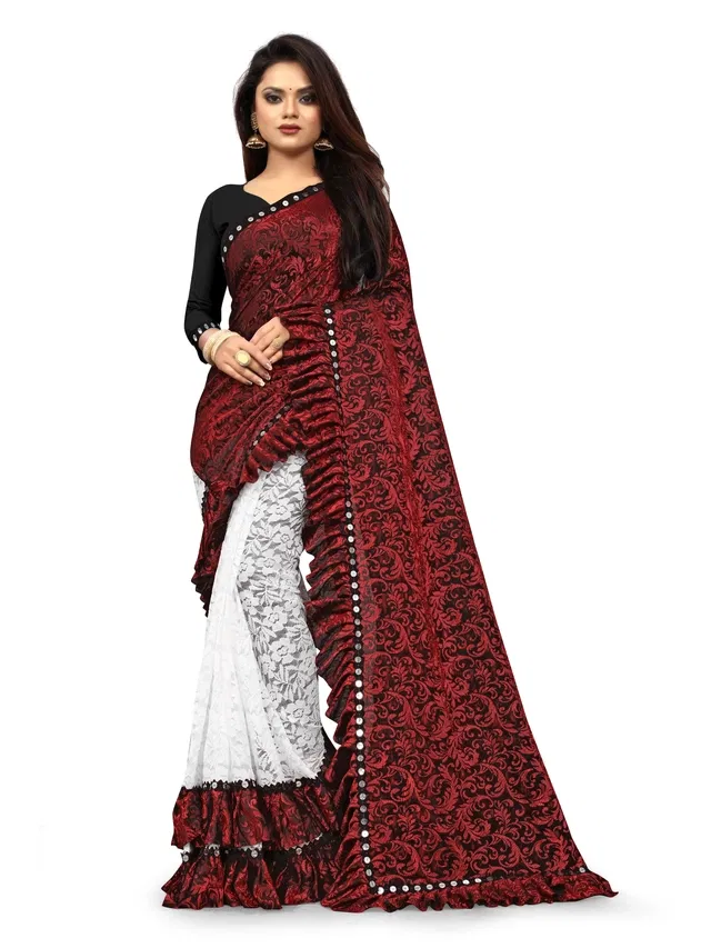 Lycra Blend Embellished Saree for Women (Red, 6.3 m)