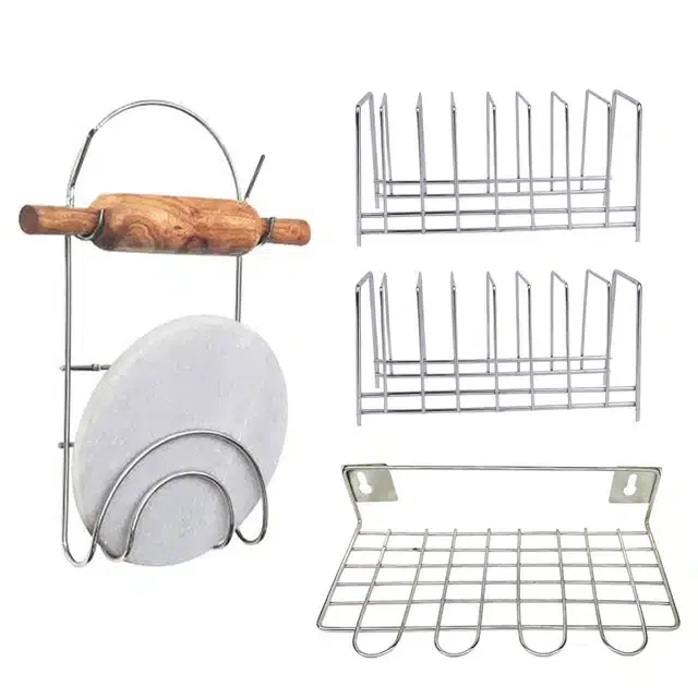 2 Pcs Stainless Steel Plate Stand & Utensil Holder with Chakla Belan Stand (Set of 4, Silver)