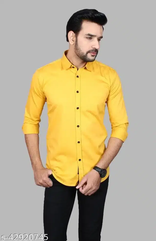 Cotton Blend Full Sleeves Shirt for Men (Yellow, M)