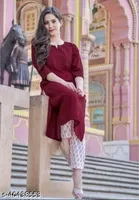 Rayon Printed Kurta with Pant for Women, Maroon & White 