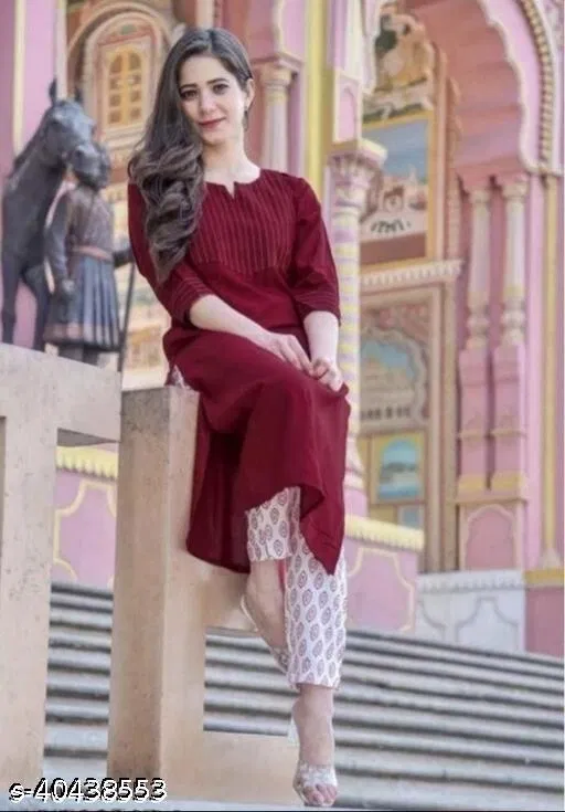 Rayon Printed Kurta with Pant for Women, Maroon & White (XXXL)