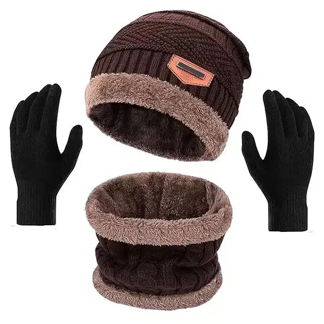 Beanie Cap with Neck Warmer & Gloves for Unisex (Brown & Black, Set of 3)