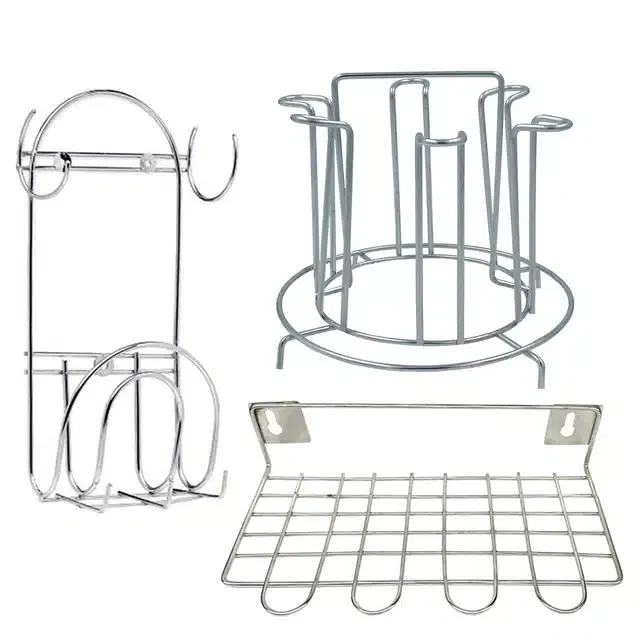Stainless Steel Glass Stand & Chakla Belan Stand with Utensil Holder (Set of 3, Silver)