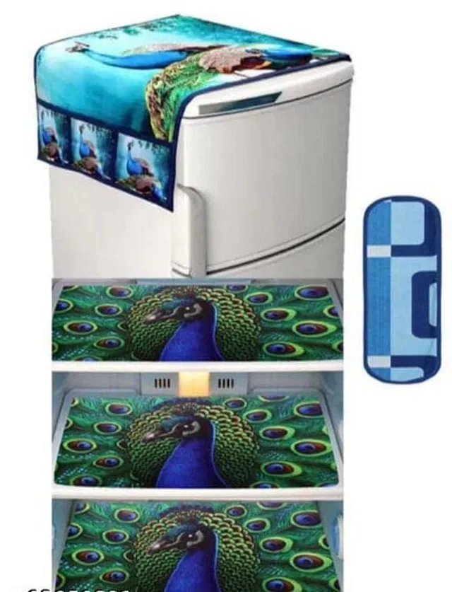 PVC Printed Fridge Top Cover with 3 Pcs Shelf Mats & Handle Cover (Multicolor, Set of 1)