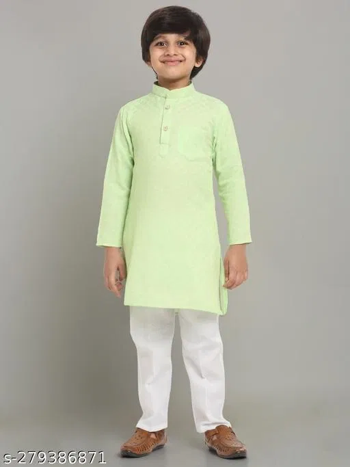 Cotton Blend Kurta with Pyjama for Boys (Green & White, 9-10 Years)