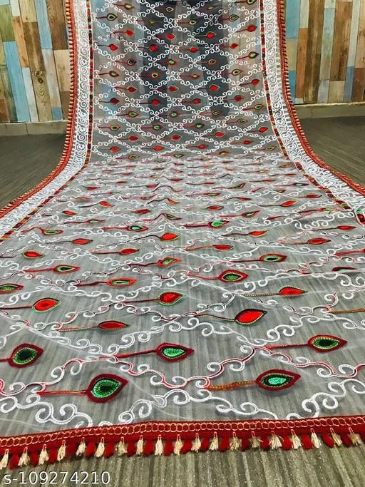 Embroidered Punjabi Net with Gota Work Sewing & Embroidery (White, Free Size)