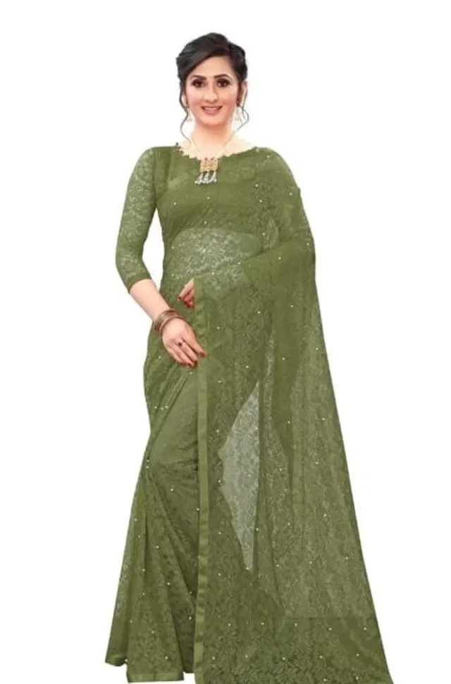 Net Floral Saree for Women (Olive, 6.3 m)