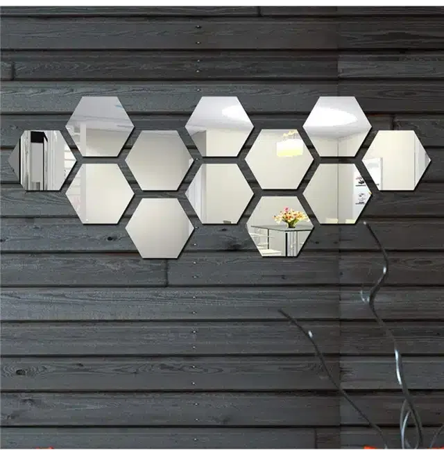 Acrylic Hexagon Shaped Wall Mirror Stickers (Silver, Pack of 12)