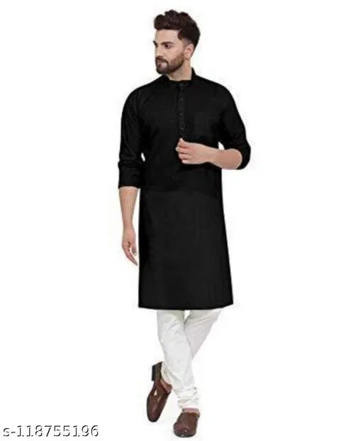 Mandarin Neck Kurta for Men (Black, M)
