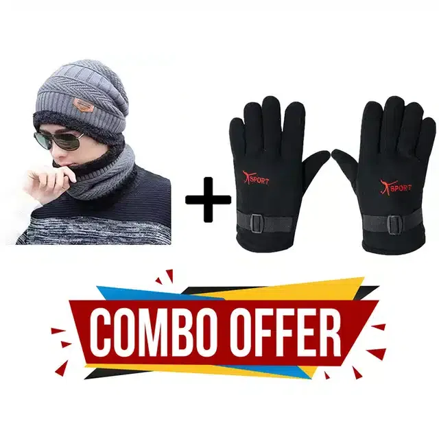 Beanie Cap with Neck Warmer & Gloves for Unisex (Grey & Black, Set of 3)