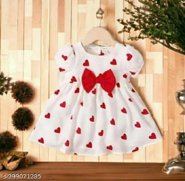 Rayon Frock for Girls (White & Red, 0-3 Months)