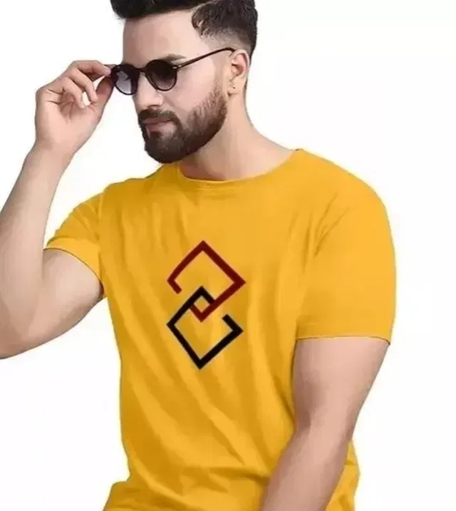 Round Neck Printed T-Shirt for Men (Yellow, M)