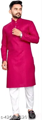 Stripe Self Design Show Button Mandarin Neck Kurta for Men 