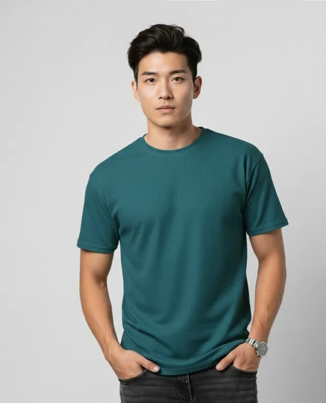 Polyester Round Neck T-shirt for Men, Teal (XL)