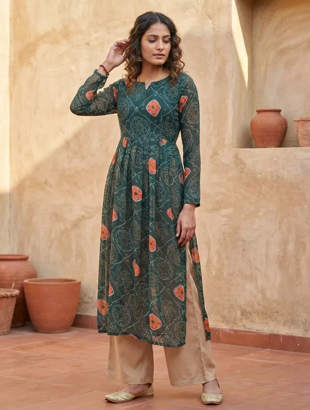 Bindu Bandhej Georgette Naira Kurti for Women (Green, XL)