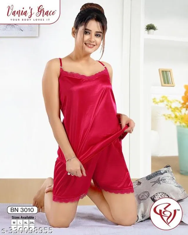 Satin Nightsuit for Women (Pink, M)